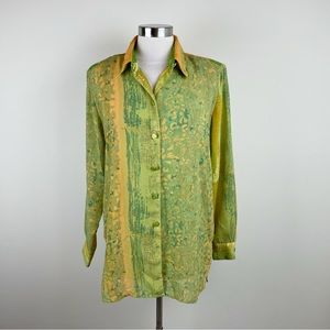 Vintage Beverly Rose USA Green Yellow Orange Retro Button Down Shirt Top Women